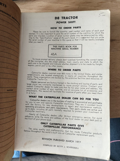 CATERPILLAR D8 TRACTOR POWER SHIFT PARTS BOOK 1970 - 46A10725-UP