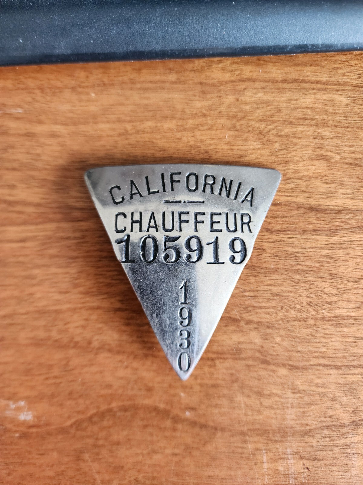 1930 California Triangle shaped Chauffeur Badge #10591 Nickle Plated