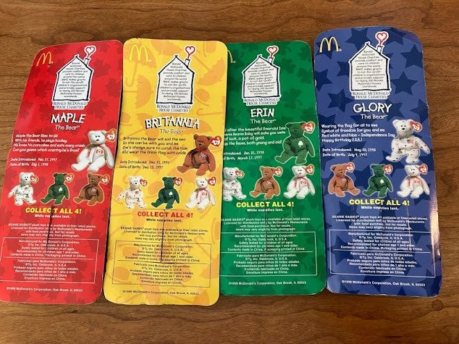 TY McDonalds Beanie Baby - Erin Maple Britannia Glory the Bear - FULL SET OF 4