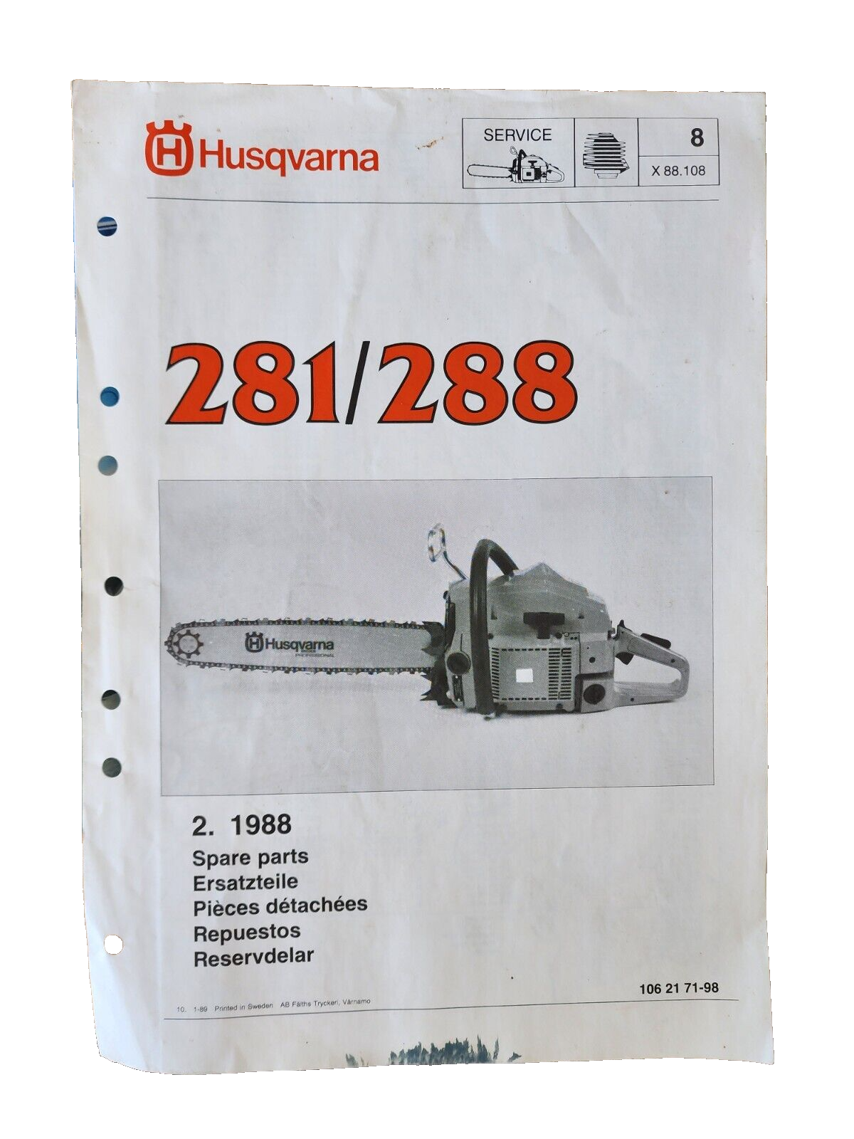 Vintage Husqvarna 281/288 2. 1988 Husqvarna equipment spare part list manual