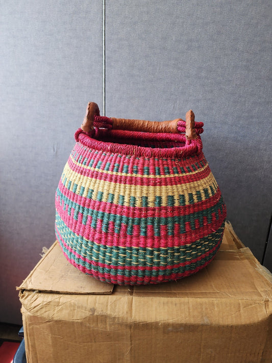 Large Woven African Market Basket Leather Handle 18" Wide x 10” Deep