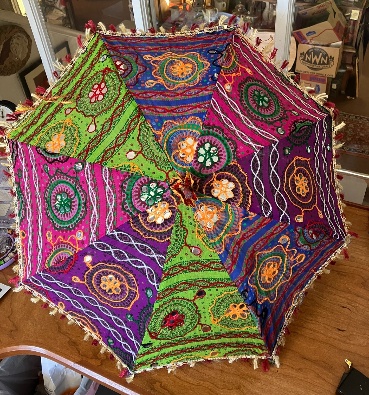Indian fringed sun umbrella, hand-embroidered