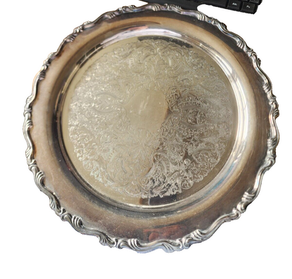 Vtg Silver-Plated Serving Tray – Ornate Engraved Design 15"