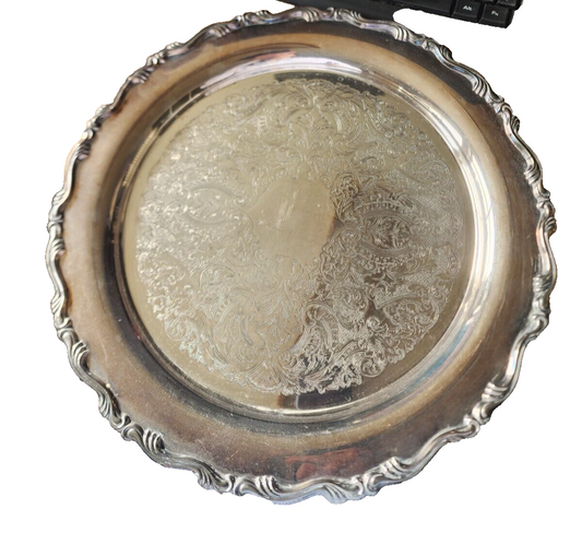 Vtg Silver-Plated Serving Tray – Ornate Engraved Design 15"