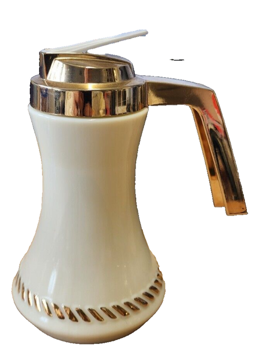 Vtg MCM Wheaton Custard Glass Syrup Pitcher Gold Lid and Gold Trim