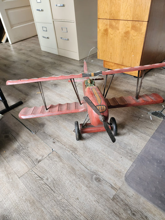 Vintage Large Red Baron Wooden Bi Plane w/ Metal Wheels