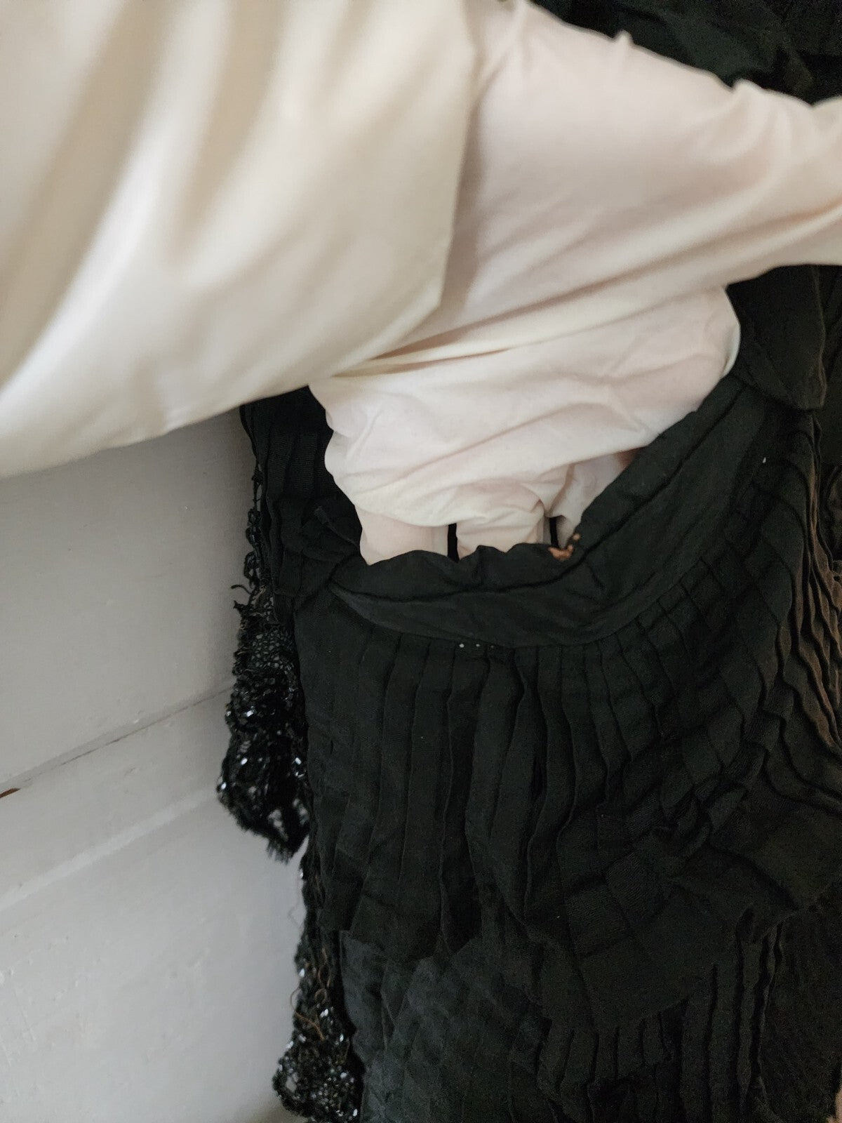 Edwardian Antique Full Long Beaded Skirt Black Silk/Taffeta