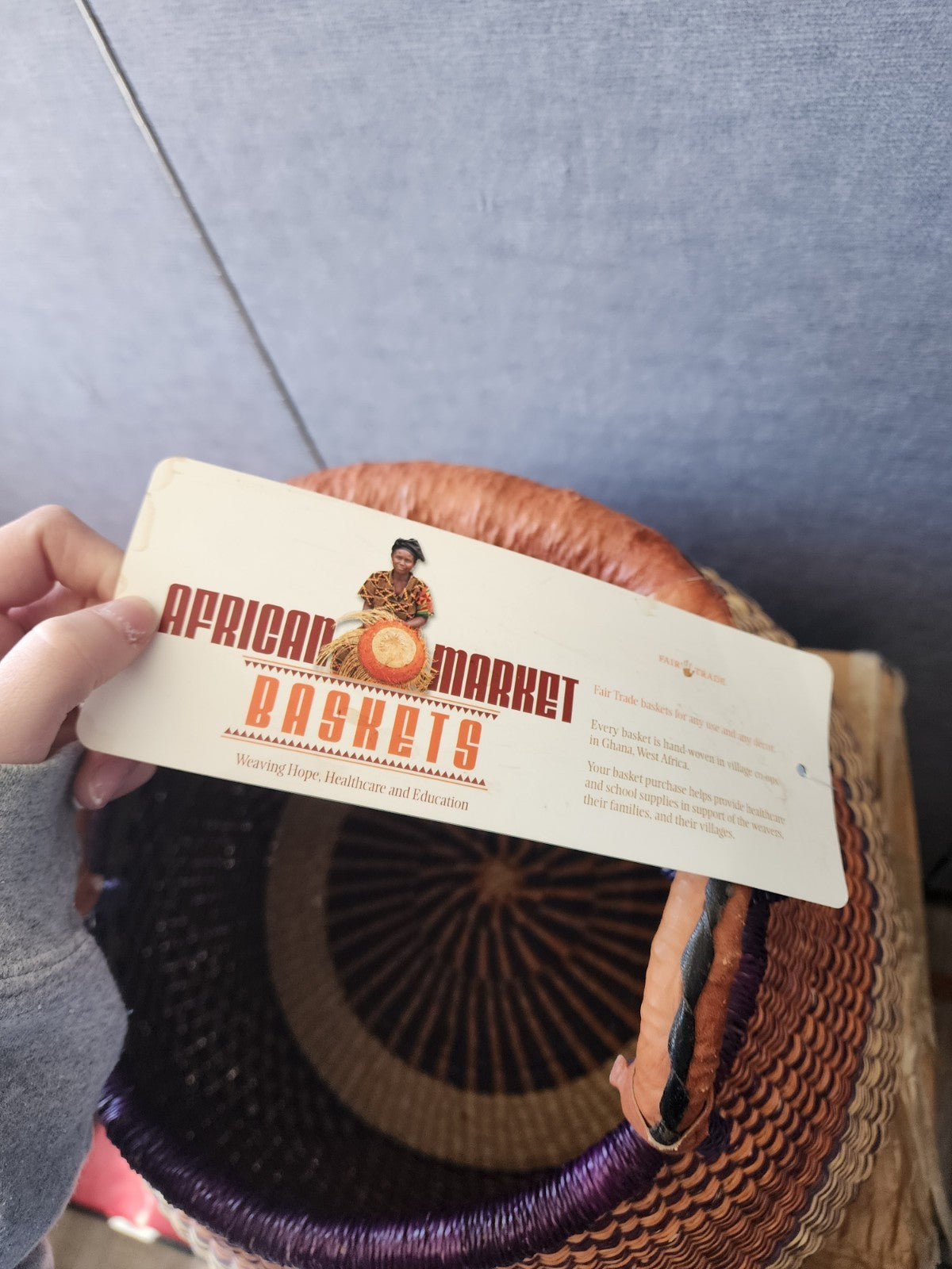 Vintage Market Basket Handwoven Grass Leather Handle 13" Deep 18" Wide