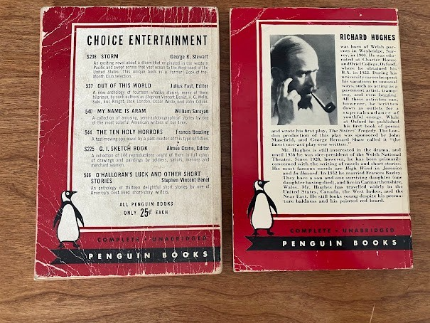 "TO WALK THE NIGHT' by William Sloane & 'IN HAZARD' by Richard Hughes - lot of 2