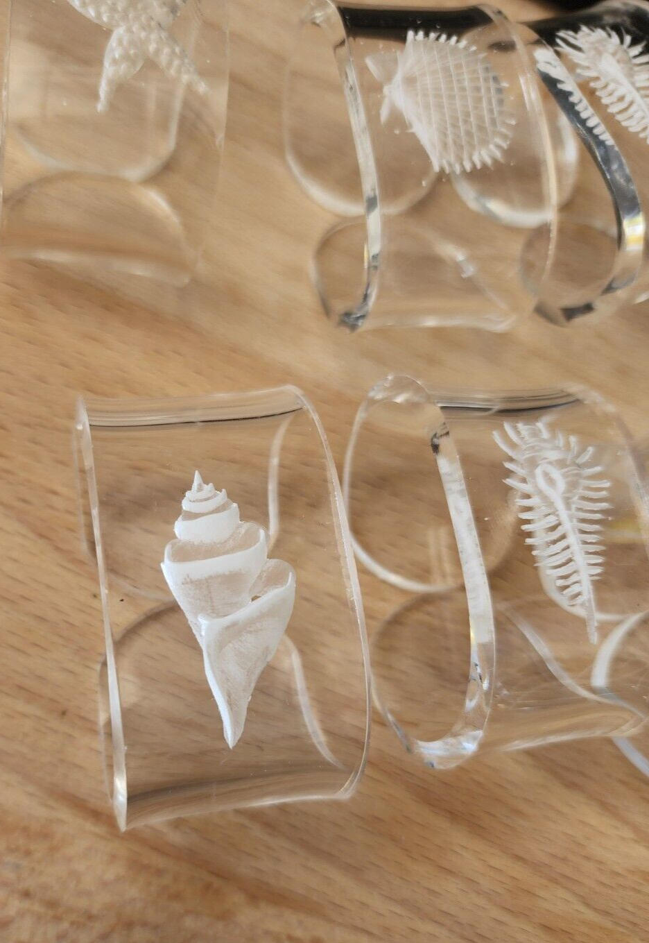 Vtg 6 Acrylic Lucite Clear Fossil Style Shell Napkin Rings Etched