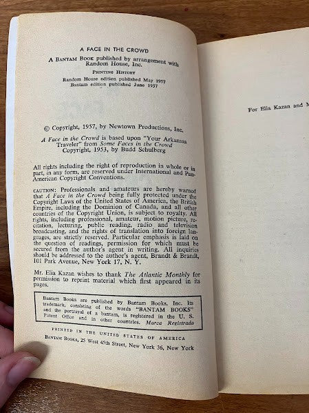 Bantam Books - A FACE IN THE CROWD by Budd Schulberg