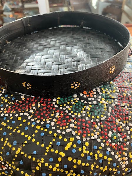 Boho Dot Art Basket - Balinese Rattan Basket/Lid Hand Woven and Painted
