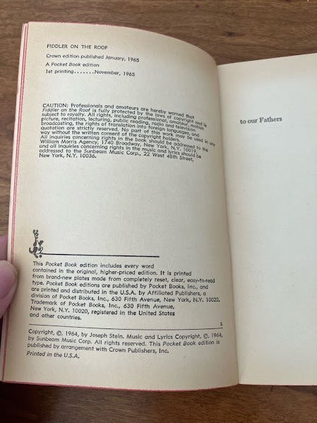 Vtg Pocket Book - Fiddler on the Roof by Joseph Stein