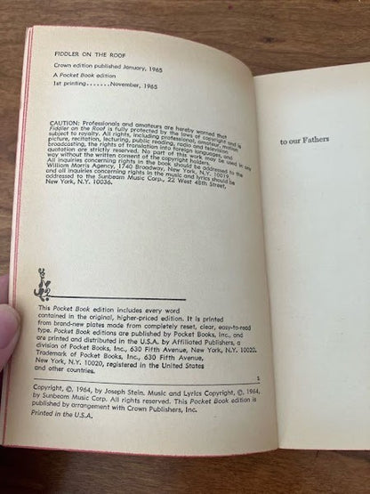 Vtg Pocket Book - Fiddler on the Roof by Joseph Stein