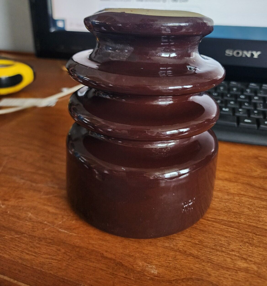 Vintage Large Telephone Insulator Brown Ceramic 6" x4.5"