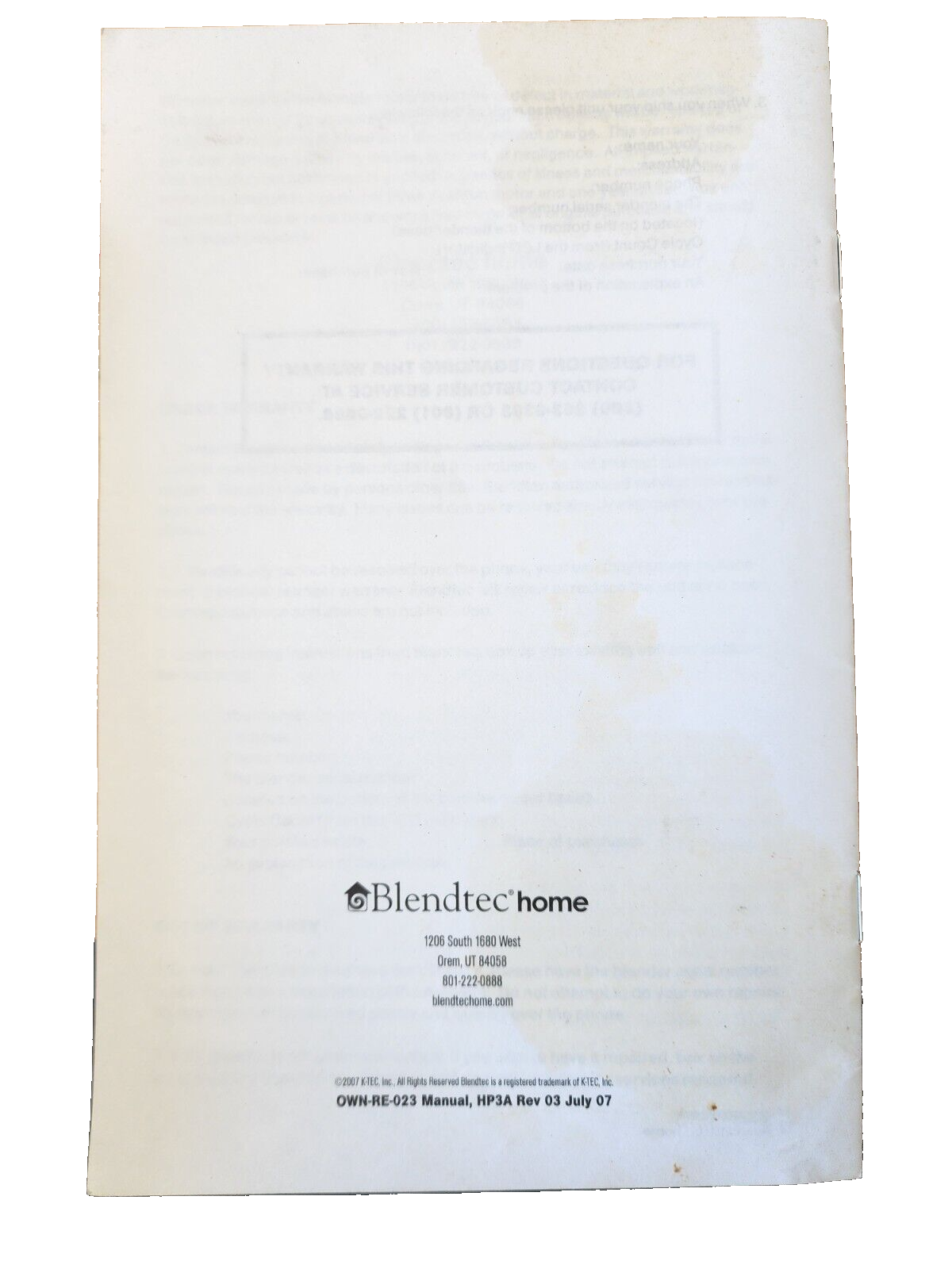 Blendtechome Model hp3a Owner's Manual and User Guide