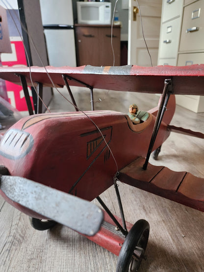 Vintage Large Red Baron Wooden Bi Plane w/ Metal Wheels