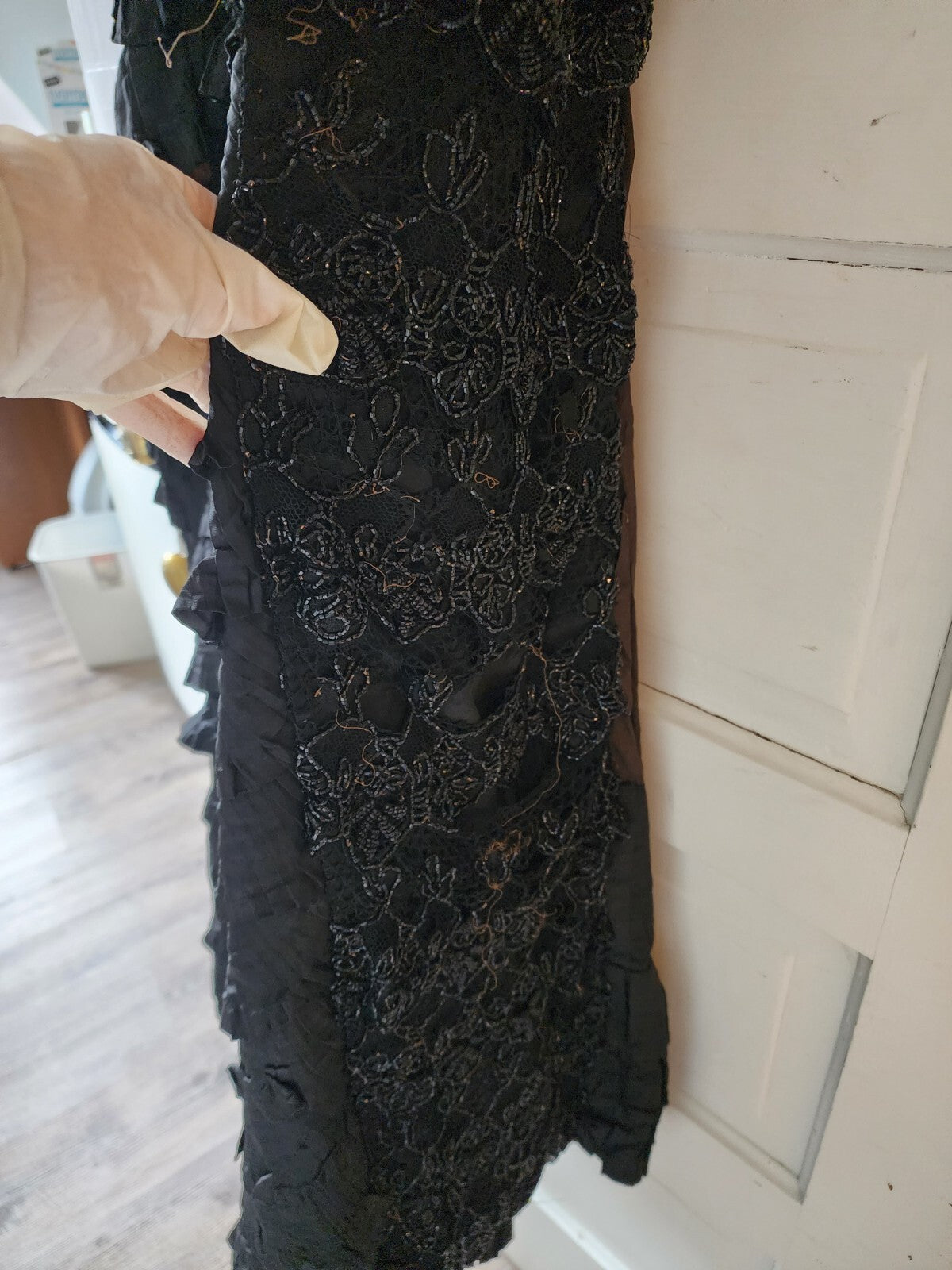 Edwardian Antique Full Long Beaded Skirt Black Silk/Taffeta