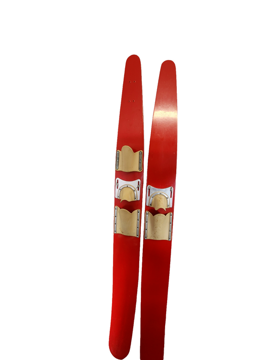 Red vintage pair of adjustable water skis