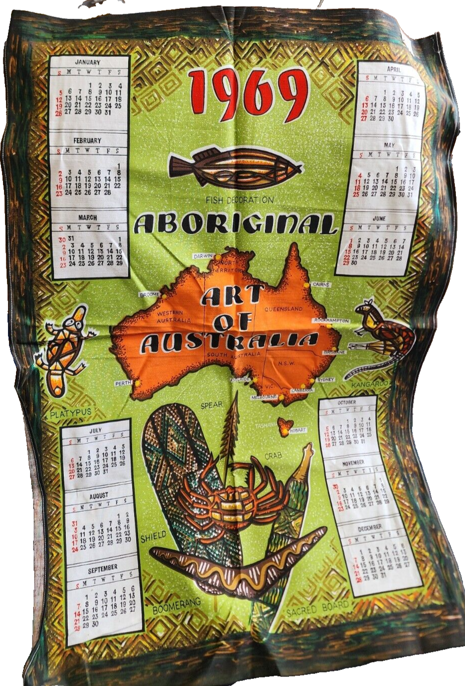 1969 Vintage tapestry tea towel calendar art 18" x 29"