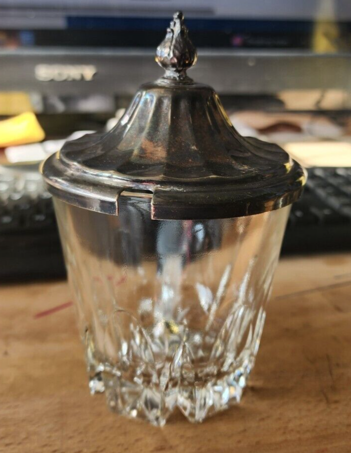 Vtg Clear Cut Glass Jelly Jar w/Lid