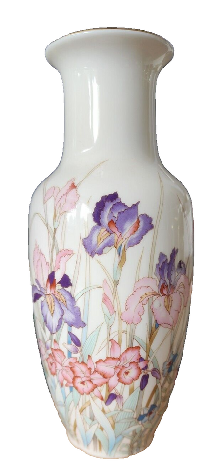 Vintage Ayame Seizan Japan Iris Flower Vase 6" Japan Gold Rim Hand Painted 