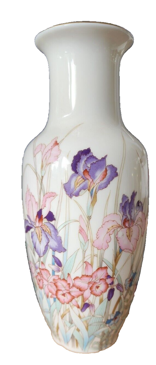 Vintage Ayame Seizan Japan Iris Flower Vase 6" Japan Gold Rim Hand Painted 