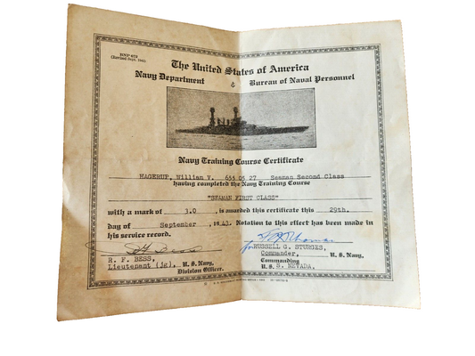 United States Navy Training Course Certificate 1943 "Seaman First Class"