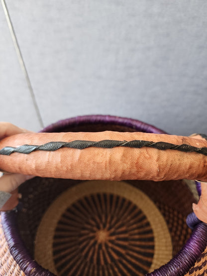 Vintage Market Basket Handwoven Grass Leather Handle 13" Deep 18" Wide