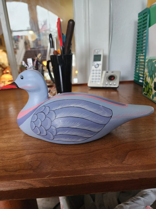 Hand Carved Wooden Duck Blue and Pink - 11"