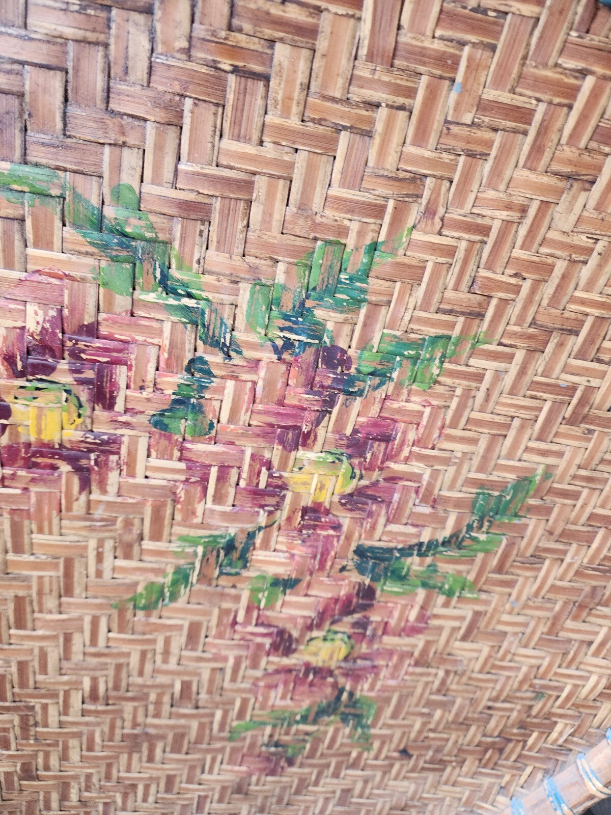 19th Century Floral Chinese Woven Bamboo Serving Tray 27" Diameter