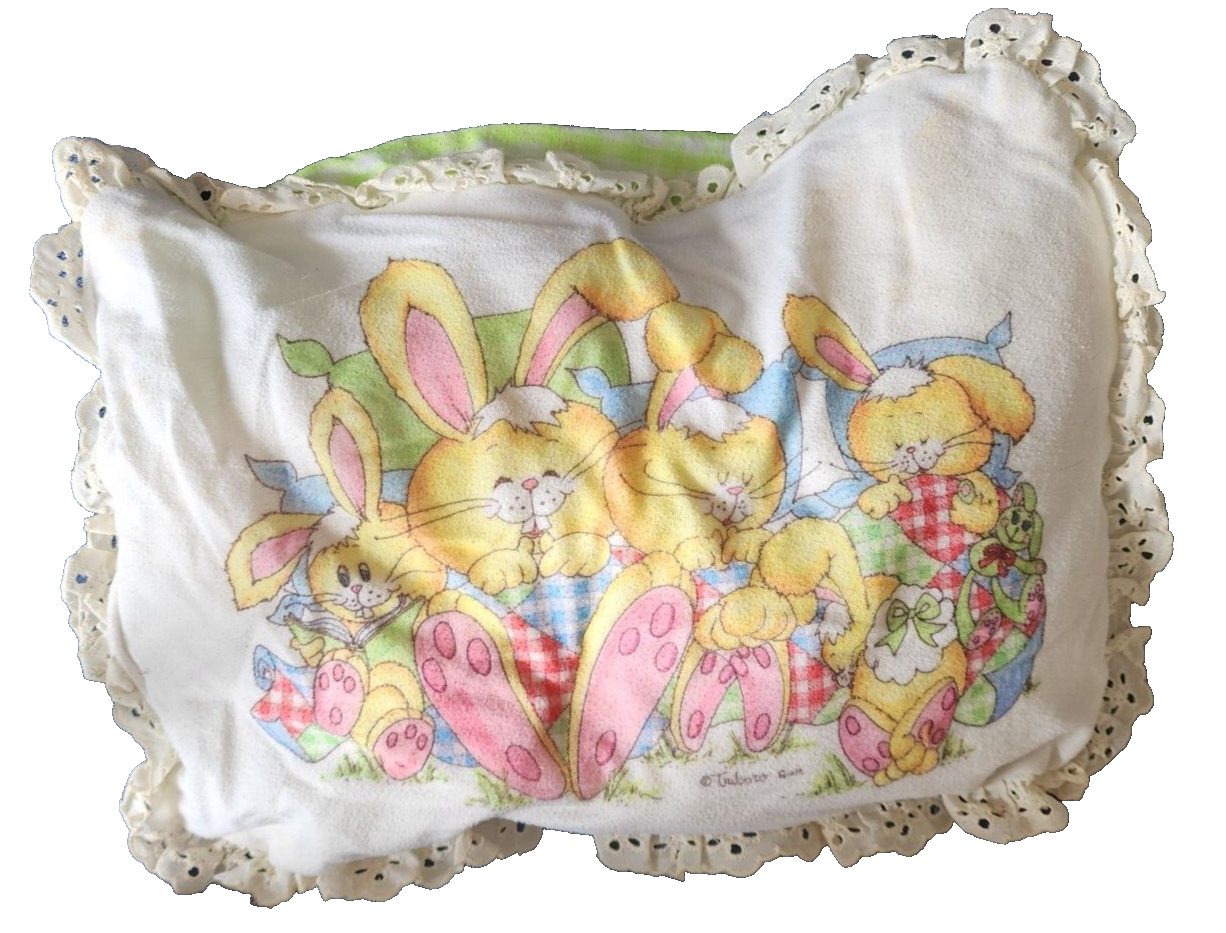 Small Vintage Baby Pillow 11"x15" Bunnies, ruffled trim