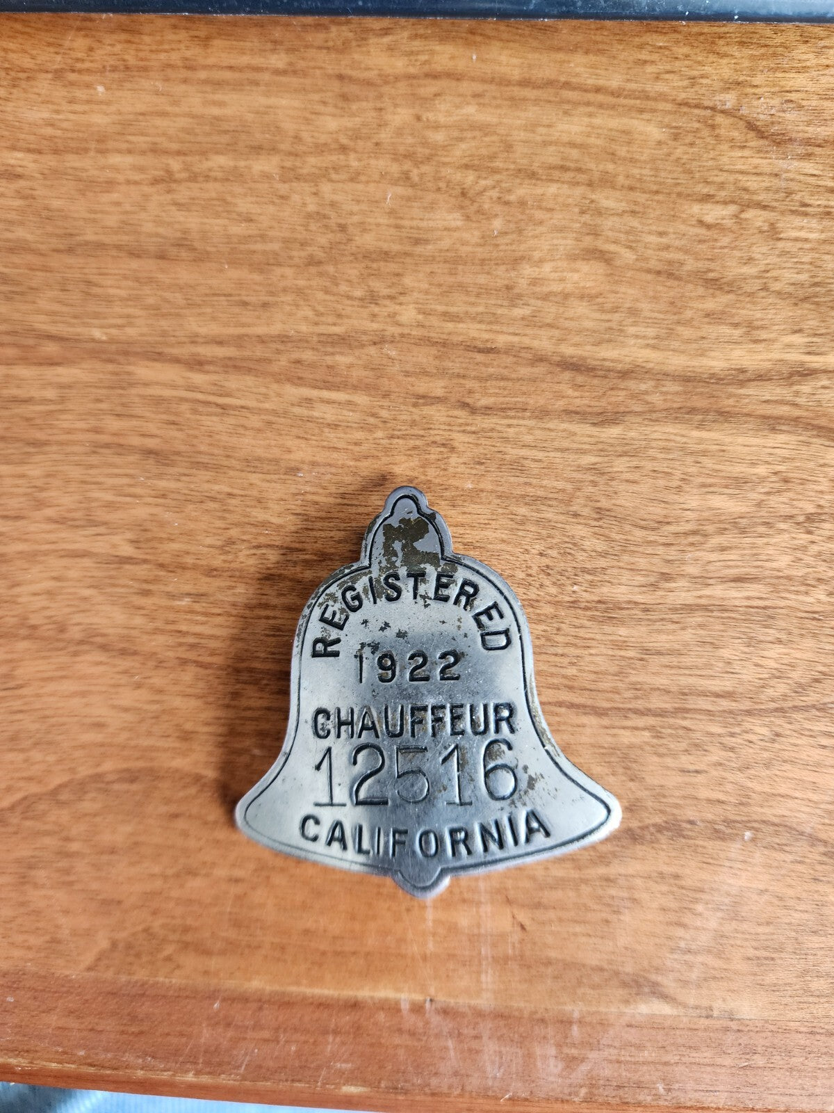 1922 Registered Chauffeur Badge California 12516Bell Shaped
