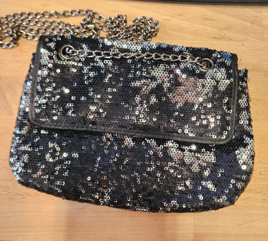 Silver & Black Y2K Sequin Handbag Shoulder Chain Straps Purse