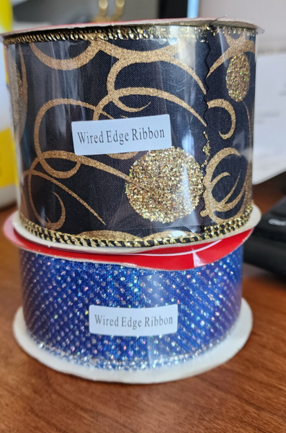 2 Glitter Christmas Wired Edge Ribbon - 1.5” x 30' and 2.5 in x 30'