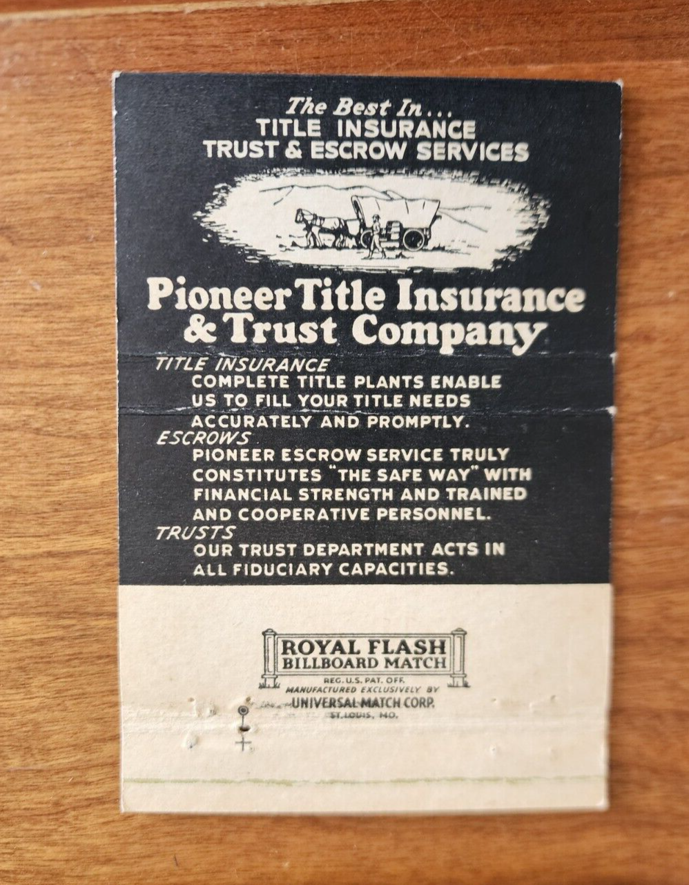 Vintage Golden Matchbook: Pioneer Title Insurance & Trust Company San Bernardino