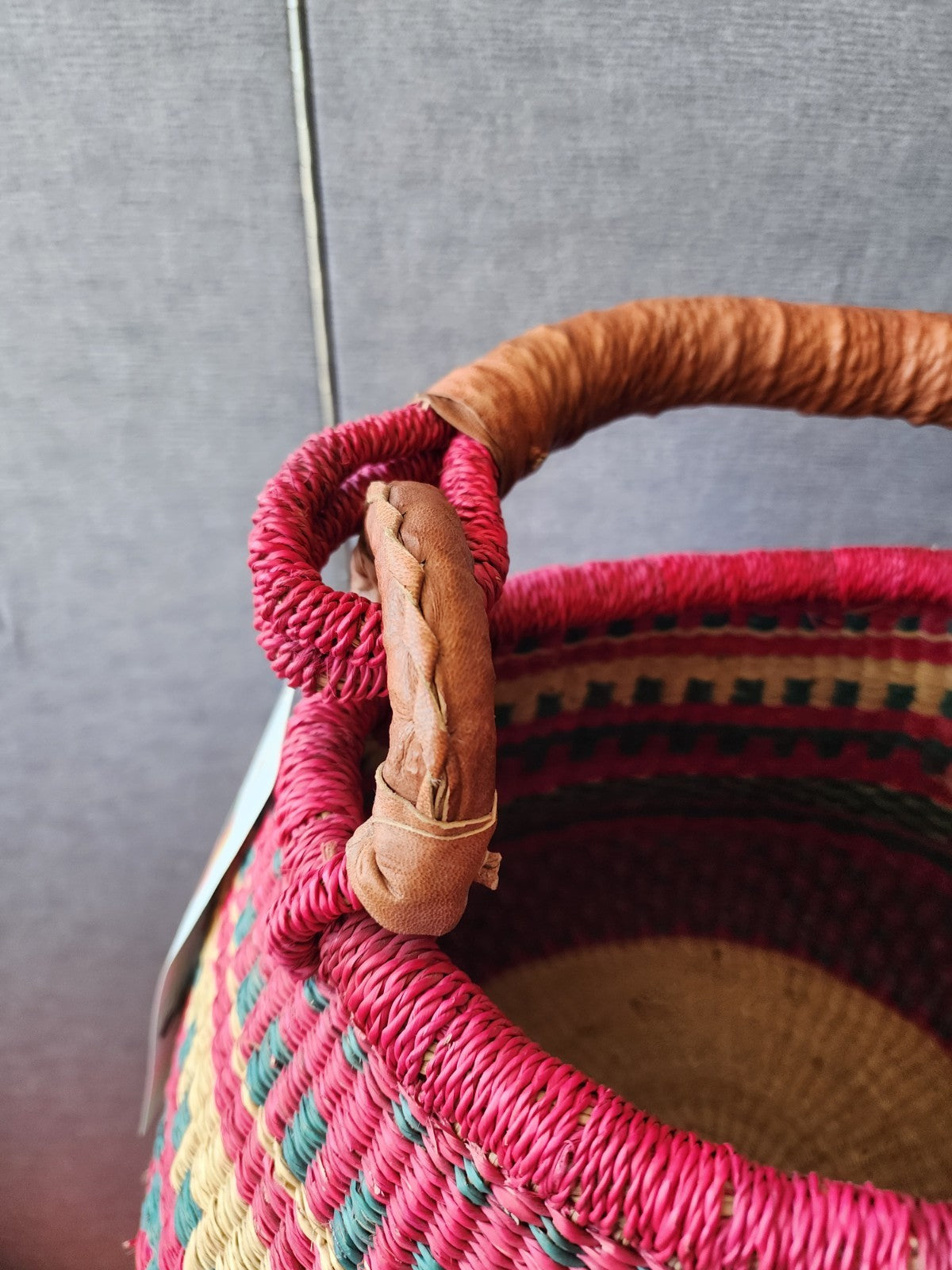 Large Woven African Market Basket Leather Handle 18" Wide x 10” Deep
