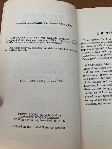 Vtg lot of 2 - James T. Farrell: 'Gas-House McGinty' & 'French Girls are Vicious