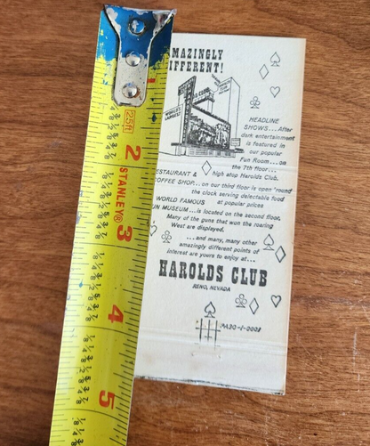 Vintage Matchbook Harold's Club Reno Nevada Casino Memorabilia 