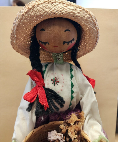 12" Vintage Wooden doll with Flower Basket