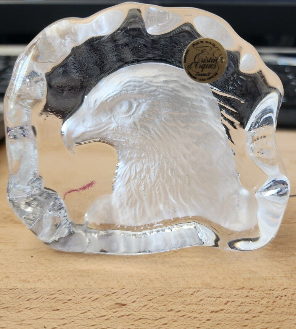 Etched Bald Eagle Paperweight Cristal d'Arques 24% Lead Crystal  Art Glass 