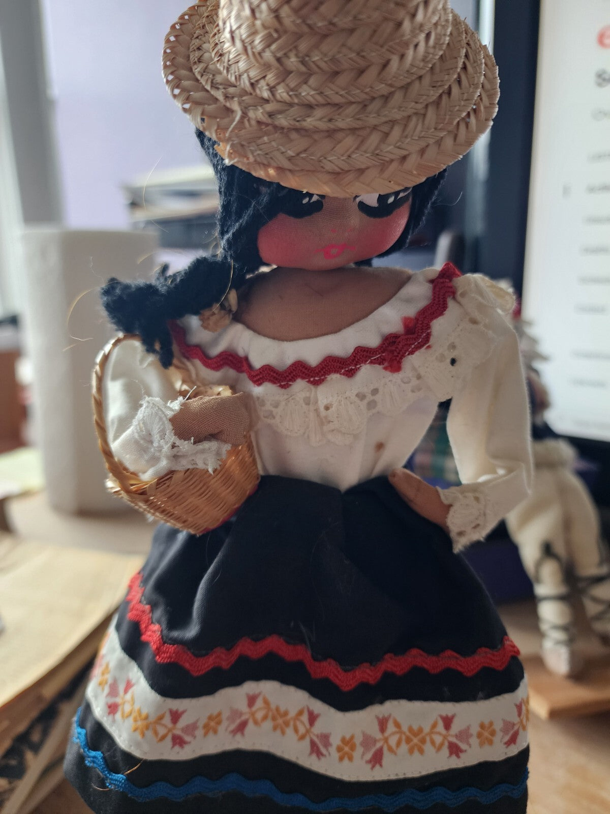 Pre-owned Colombian hand painted Doll w/ basket 13"