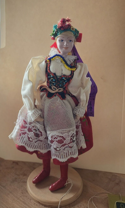 Polish Figurine Folk Art Doll Regional Dress Decor vtg Made In Poland 9"