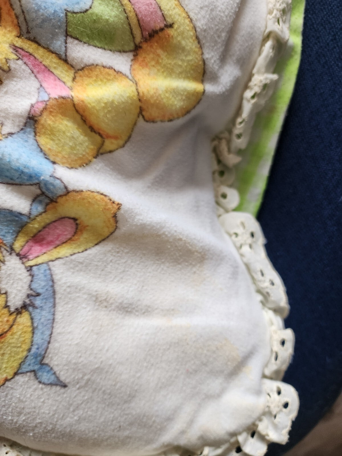 Small Vintage Baby Pillow 11"x15" Bunnies, ruffled trim