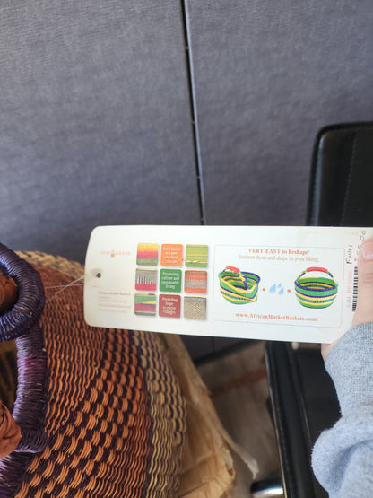 Vintage Market Basket Handwoven Grass Leather Handle 13" Deep 18" Wide