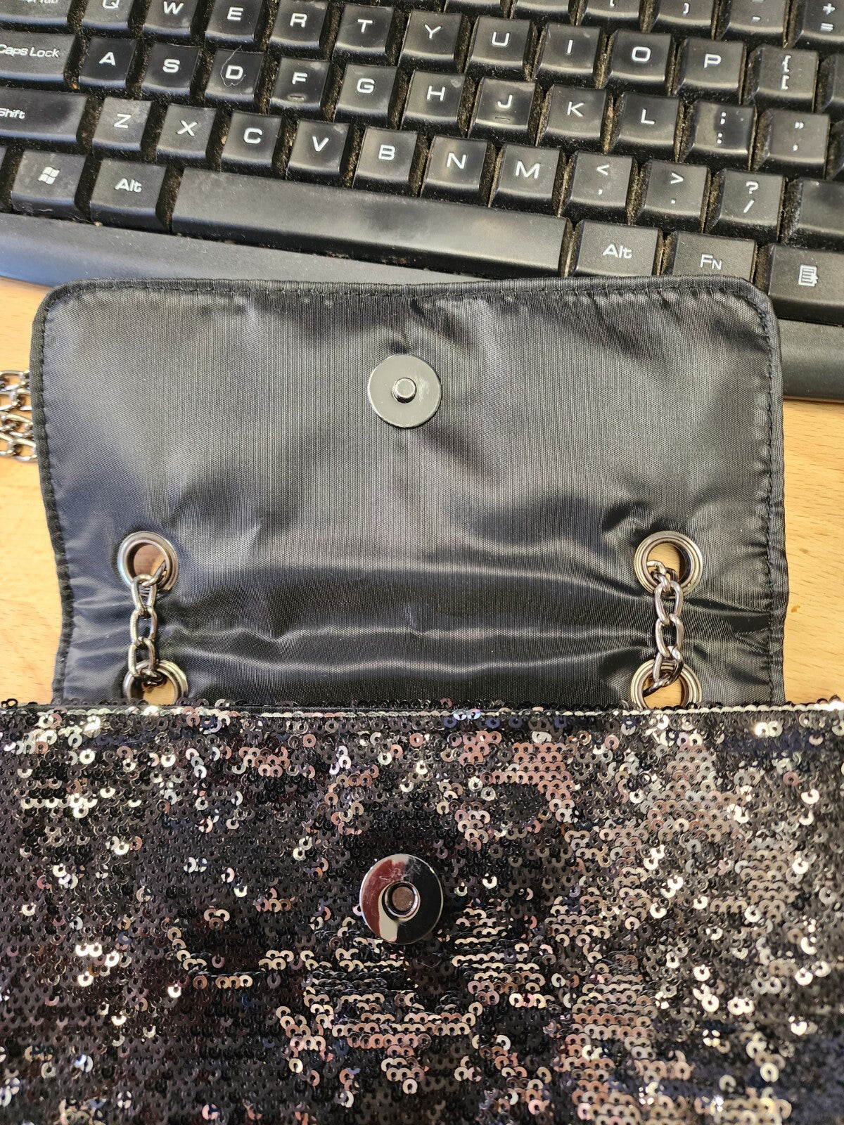 Silver & Black Y2K Sequin Handbag Shoulder Chain Straps Purse