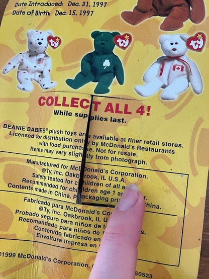 TY McDonalds Beanie Baby - Erin Maple Britannia Glory the Bear - FULL SET OF 4