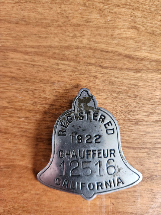1922 Registered Chauffeur Badge California 12516Bell Shaped