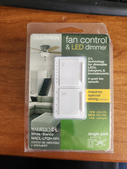 NEW Lutron Fan Control and Light Dimmer White MACL-LFQH-WH 75W