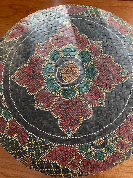 Boho Dot Art Basket - Balinese Rattan Basket/Lid Hand Woven and Painted